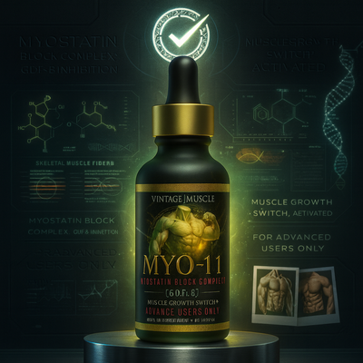 Vintage Muscle MYO-11 supplement bottle with a glowing green checkmark on a dark background with scientific diagrams.