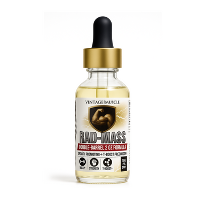 Bottle of Vintage Muscle RAD-Mass supplement with dropper on a white background