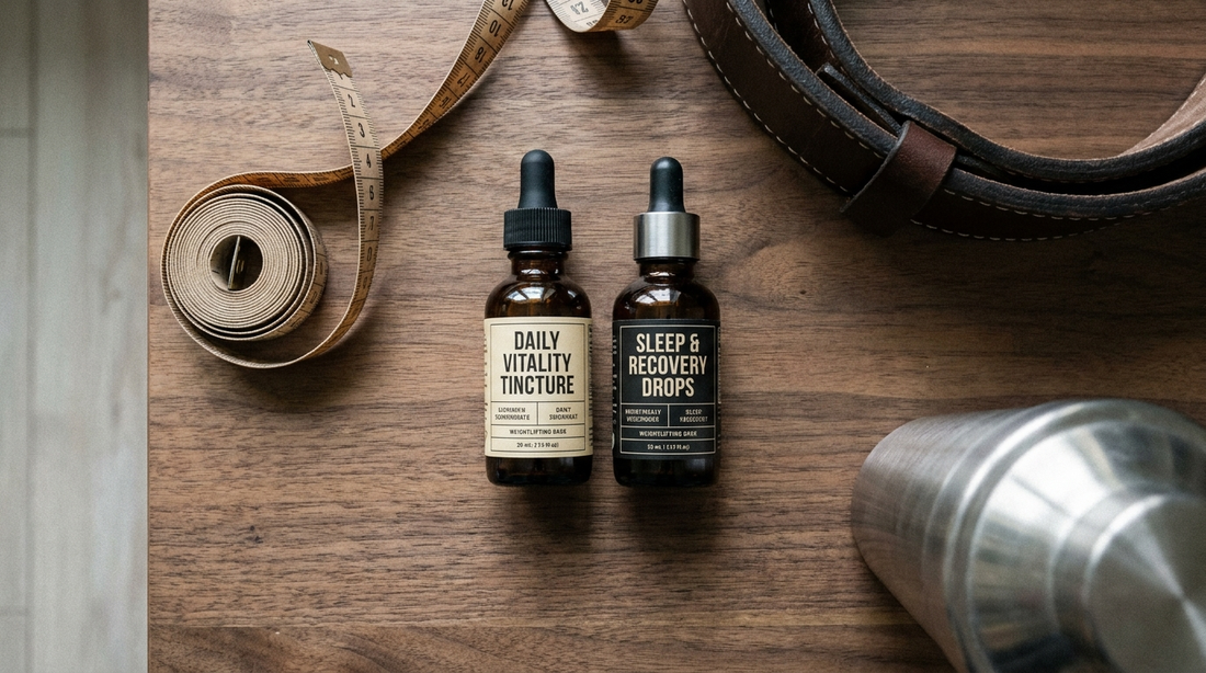 Two Vintage Muscle liquid prohormone tincture bottles side by side, representing 1-Andro and 4-Andro
