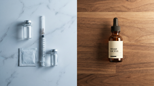 A peptide injection kit next to a simple amber Vintage Muscle dropper bottle, showing the difference in cost and hassle