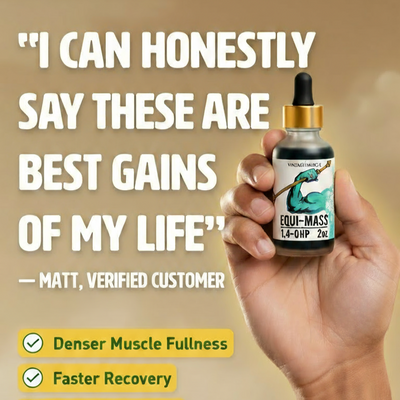 Hand holding a supplement bottle with text about product benefits on a beige background