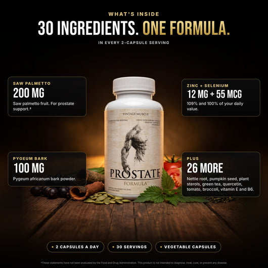 What's inside Prostate Support: saw palmetto 200 mg, pygeum bark 100 mg, zinc 12 mg and selenium 55 mcg, plus 26 more ingredients in every 2-capsule serving.