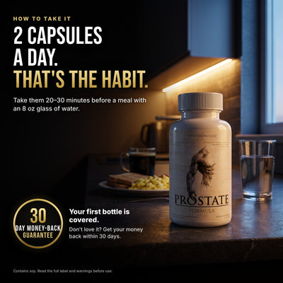 How to take Prostate Support: 2 capsules a day, 20-30 minutes before a meal with an 8 oz glass of water. 30-day money-back guarantee on your first bottle.